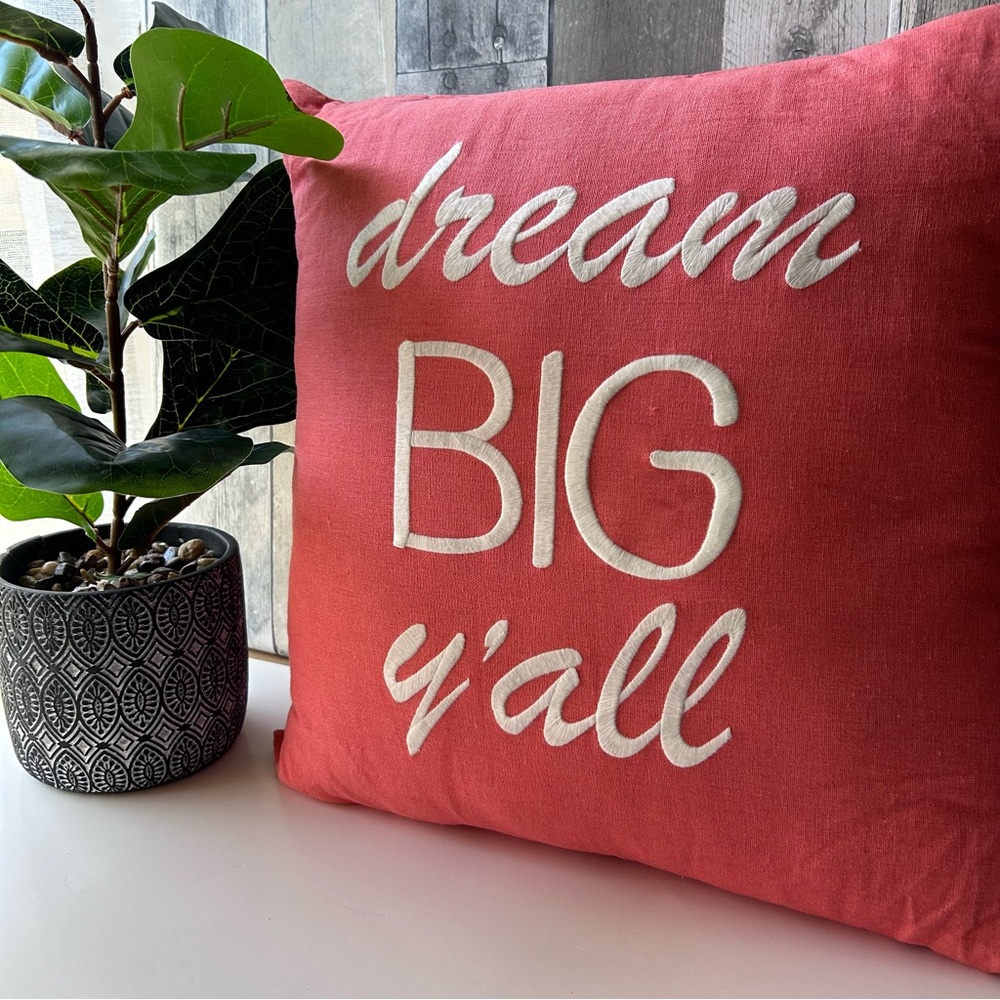🌴Jessica Simpson Coral Pillow with "Dream Big Y'all" Embroidery
